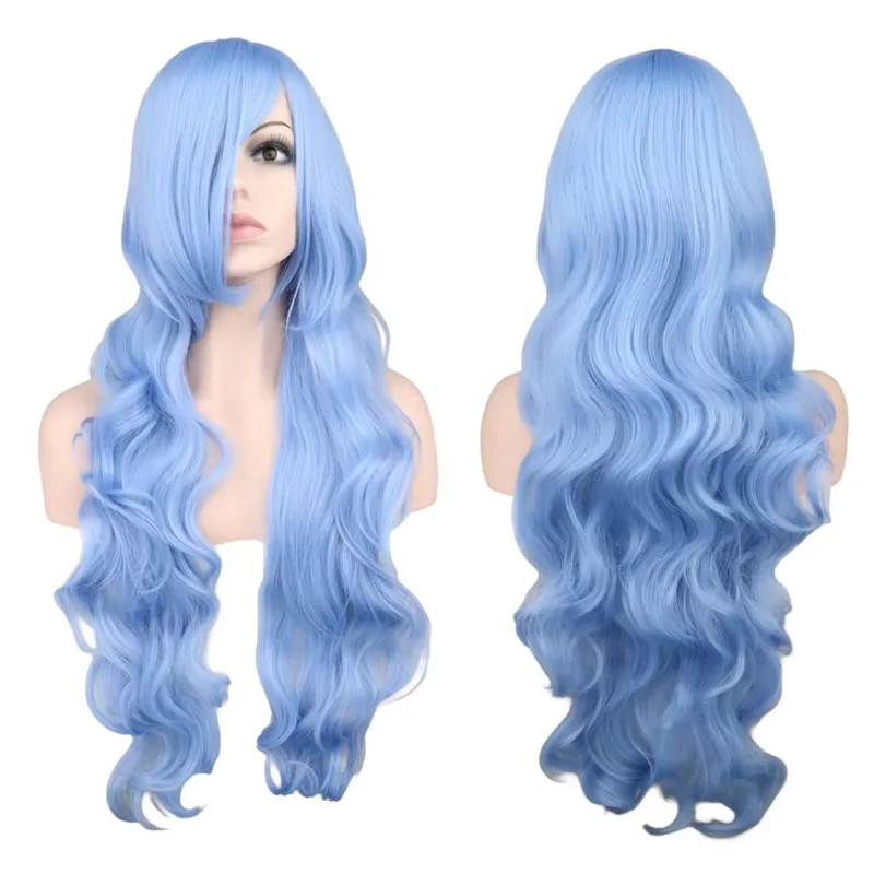 QQXCAIW Long Wavy Cosplay Wig Women Men Party Light Blue 80Cm Synthetic High Temperature Fiber Hair Wigs