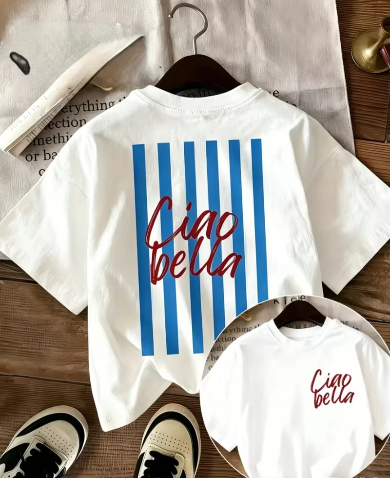 Ciao Bella Striped Print T-shirt Italian Retro Graphic Short Sleeve Tops Women Casual Loose Streetwear Daily Wear Tee summer
