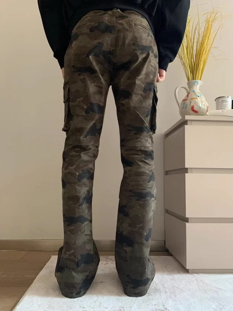 American Retro Camouflage Work Pants Men's Autumn High Street Cleanfit Bell Bot Jeans Multiple kets Youthful Sle