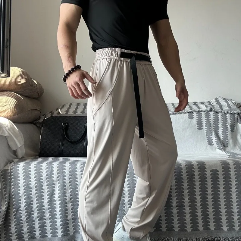 

High Elasticity Thin Sports Pants Loose Fit Fitness Training Breathable Casual Belt Pants Men's Solid Ice Silk Cool Feeling