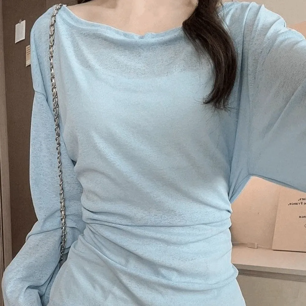 Koreanischer Stil, transparentes Langarm-T-Shirt, schulterfrei, locker geschnittenes, durchsichtiges Oberteil, hinten gebunden, Oversize-T-Shirt, lässig für den Alltag. – Detail 10