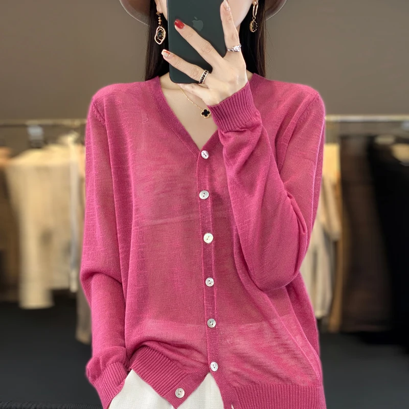 Summer Sunscreen Ice Silk Cardigan Women\'s V-Neck Long Sleeve Loose Knitted Top Solid Transparent Cardigan Air Conditioned Shirt