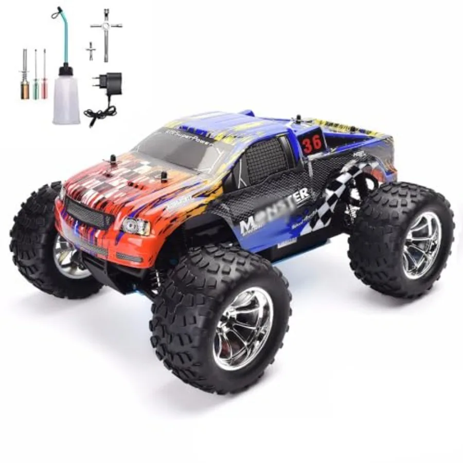 

RC truck for adult off-road use, nitro gas-powered, black, 80 km/h speed, 4WD climbing capability