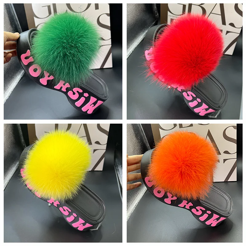 

Летние пушистые тапочки из натурального меха лисы для женщин, шлепанцы, сандалии, обувь с открытым носком