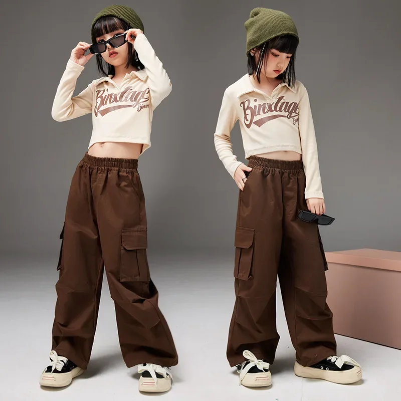 Girls Ballroom Hip Hop Dance Costumes White Letter Print Crop Top Brown Cargo Pants Set Fashion Jazz Dancing Performance Clothes