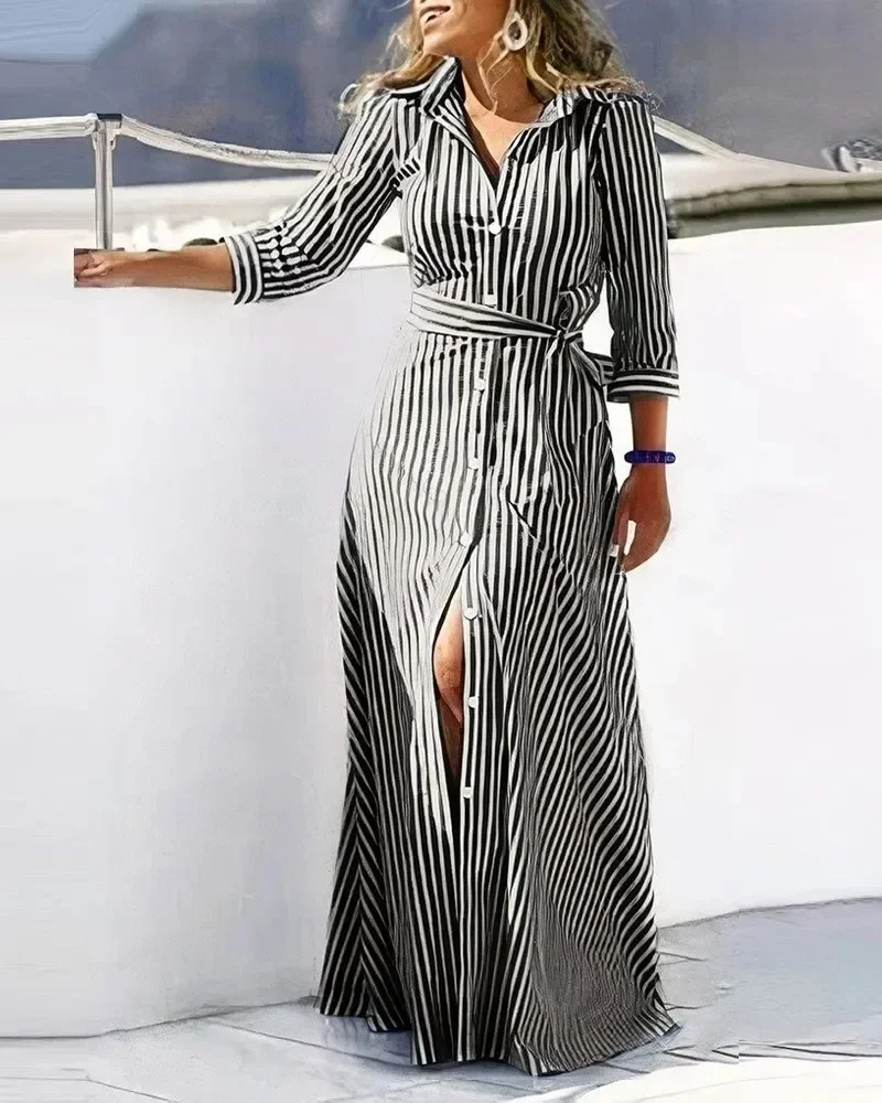 

Plus Size Summer Fashion Women's Button Lapel Print Retro and Ankle Long Dress Elegant Long Sleeved Dress for Women