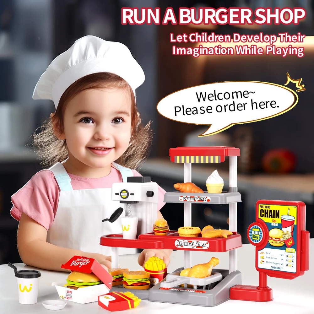 WizKidz Pretend Play Fast Food Toys Set - Cash Register Water Dispenser Hamburger Fried Chicken Egg Tart Play Money for Ages 3+