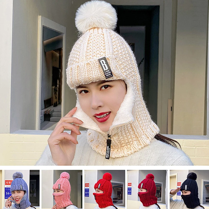 

Women Wool Knitted Hat Ski Hat Windproof Winter Outdoor Knit Thick Siamese Scarf Collar Warm Keep Face Warmer Pompoms Cap