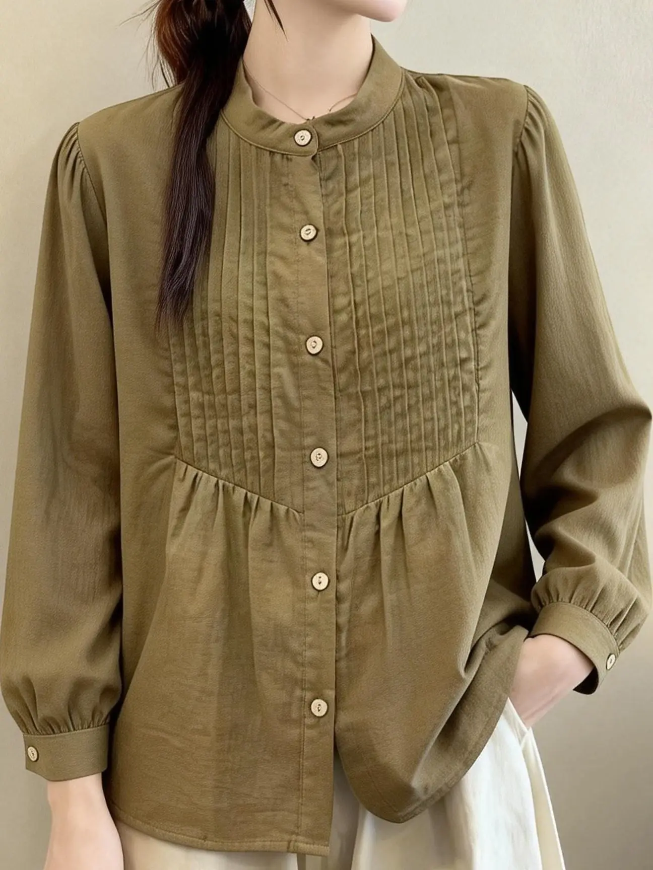 

High-End plus Size Artistic irt Women's Vintage Versatile Slimming Accordion Pleat Design Casual Long Sve Stand Collar