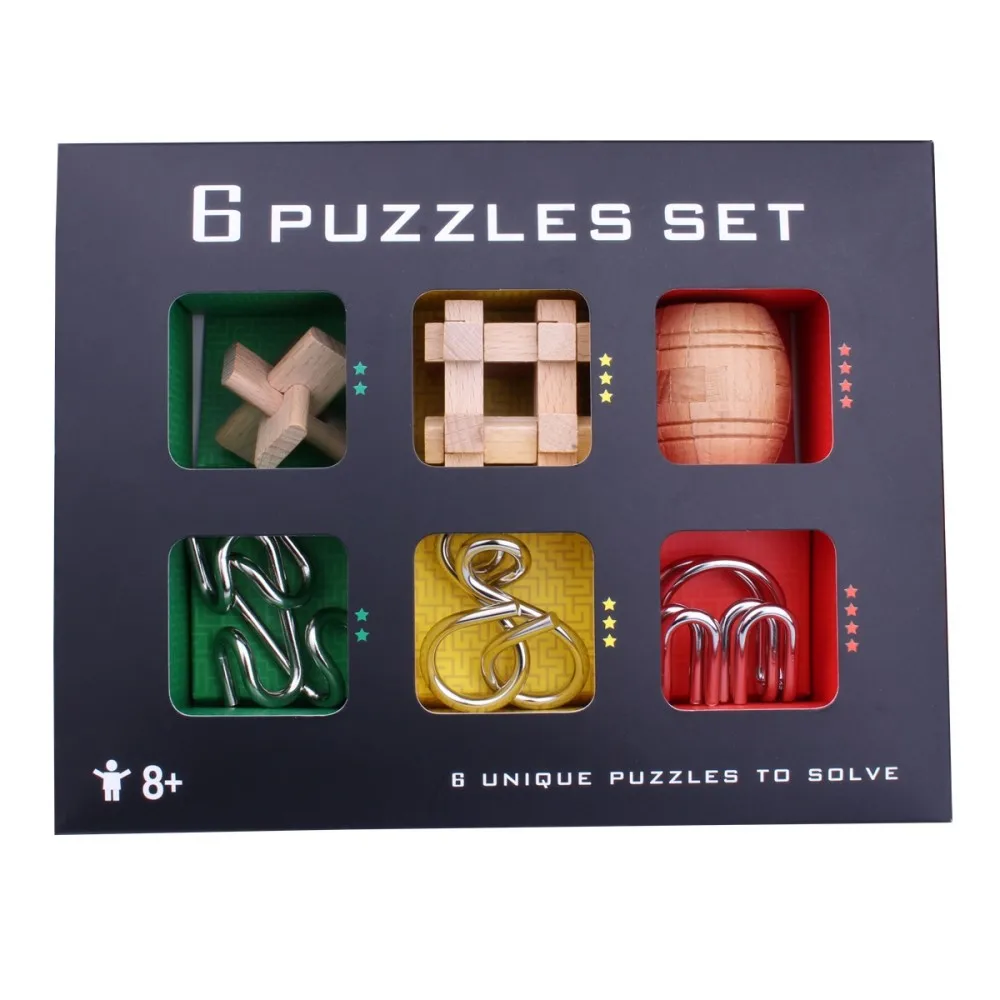 Classic 6PCS/Set Wooden Metal Puzzles Brain Teaser Game Gift Toy