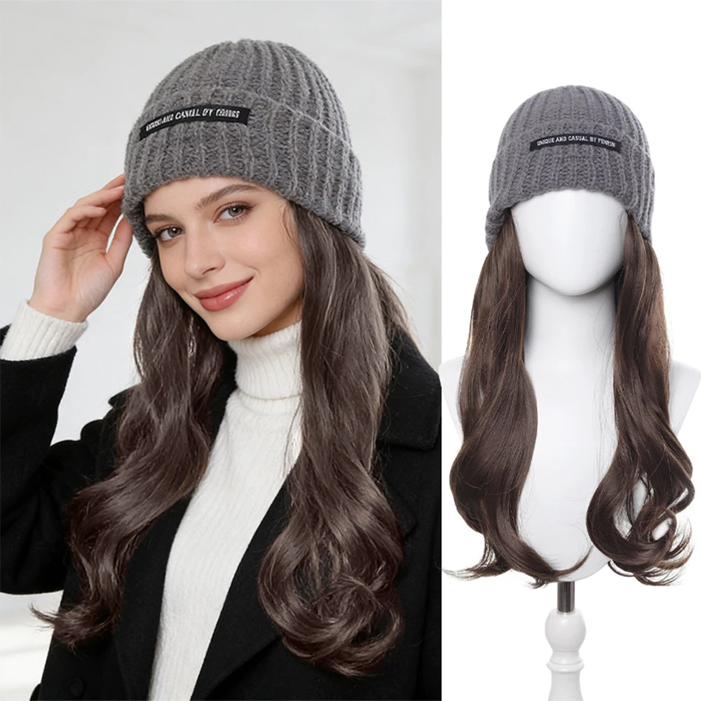 Synthetic Knitted Hat with Wavy Hair Extensions Wig Natural Wave Hair with Soft Beanie Hairpiece for Women Daily Use Winter Wig