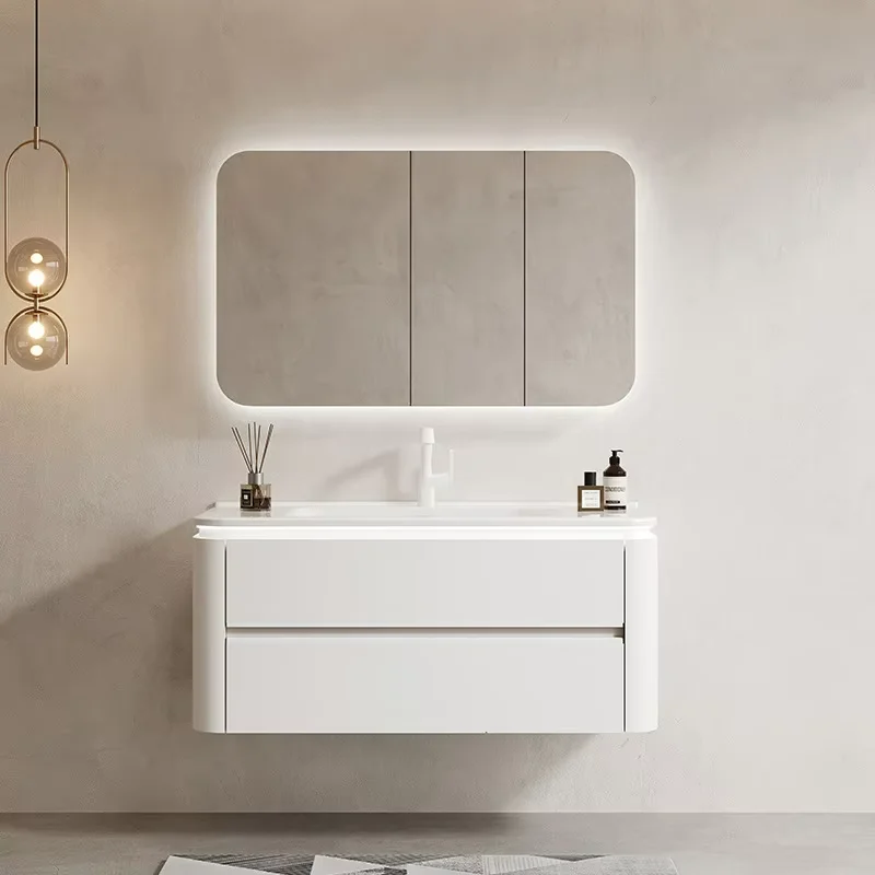 Modern White Bathroom Vanity Cabinet Copper Drainer Water-Resistant Smart Mirror Wall-Mounted Shelves Eco-Friendly Hotel Use