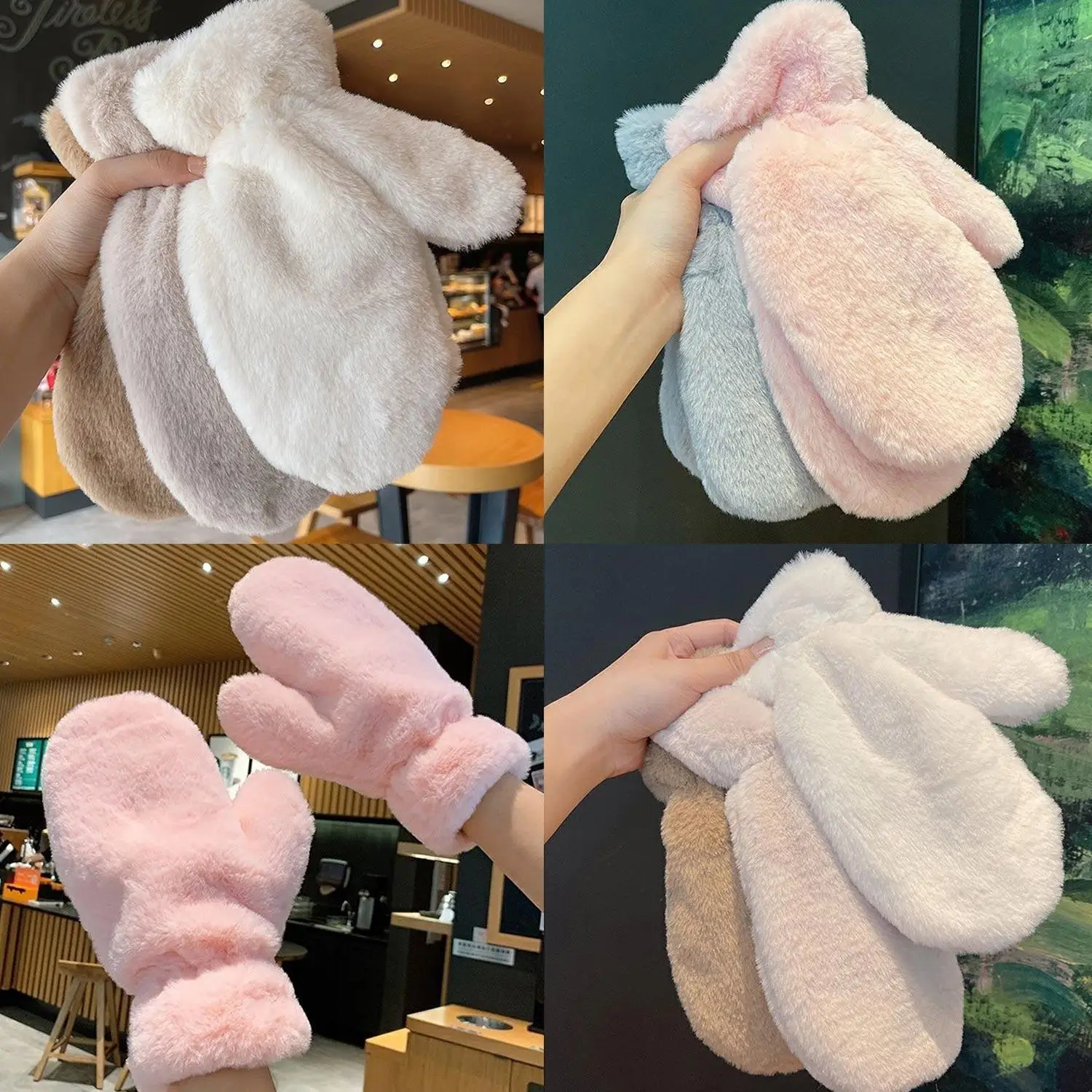 

New 1 Pair Windproof Women Cute Warm Winter All Fingers Gloves Solid Color Soft Fluffy Thickened Fluffy White Driving Gloves