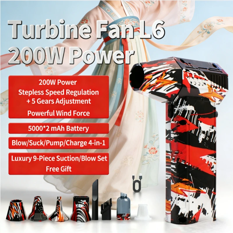 

L6 200 Вт мощный турбинный вентилятор Многофункциональный пистолет 4-в-1 для мойки автомобилей с двойной батареей и набором аксессуаров из 4 предметов