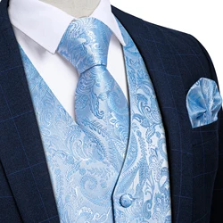 Luxury Paisley Light Blue Men's Vest Necktie Pocket Square Cufflinks Set Chaleco Formal Sleeveless Waistcoat for Man Accessory