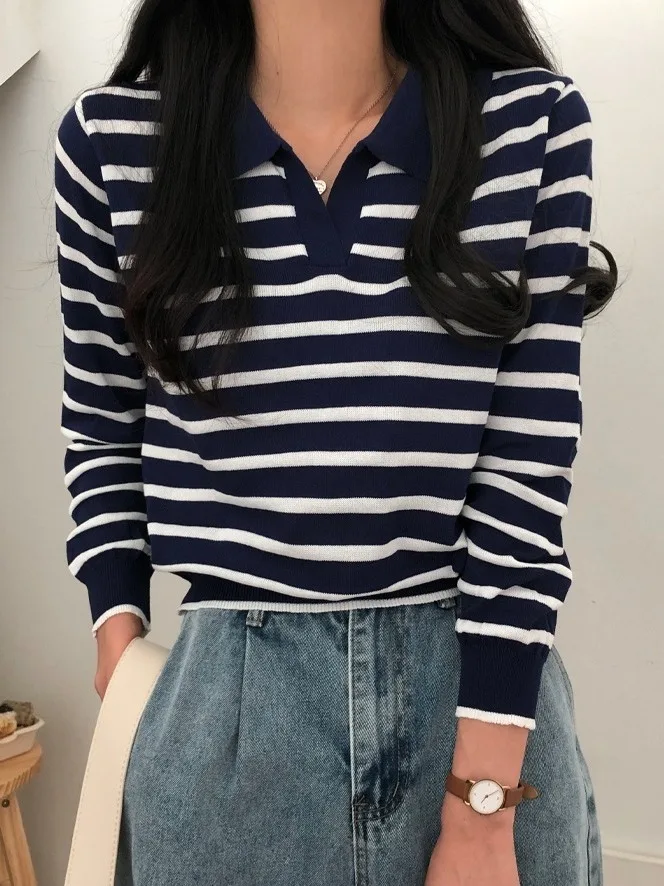 

Ранняя осень Ne полосатый вязаный длинный све свободная основа irt женский шикарный модный универсальный дизайн Sense Boting Top