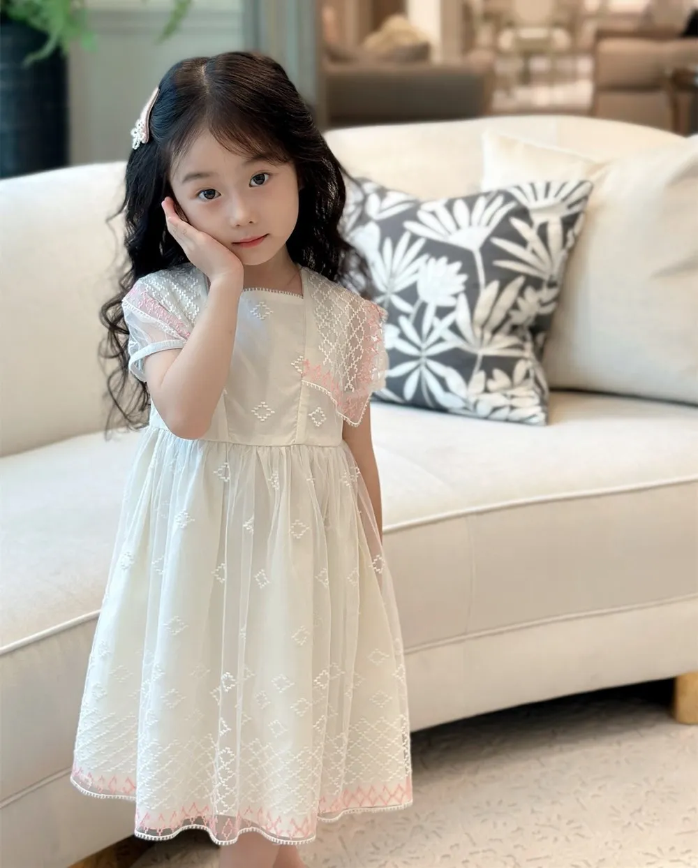 Spring summer girls' dress fashion baby clothes Diamond pattern embroidered high-quality mesh princess dress