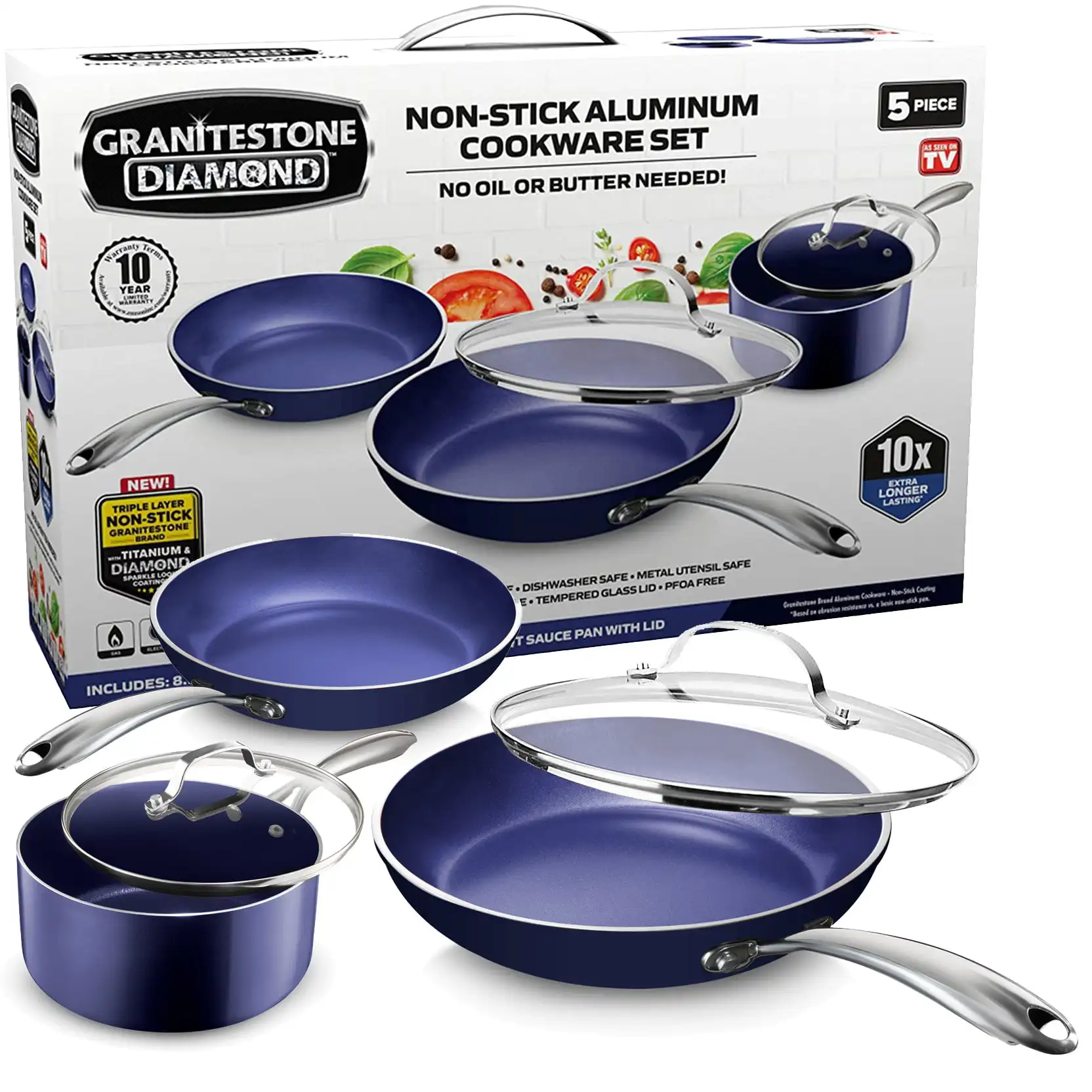 

Granite Stone Blue 5 Piece Cookware Set, Ultra Non-Stick, Dishwasher Safe, Oven Safe