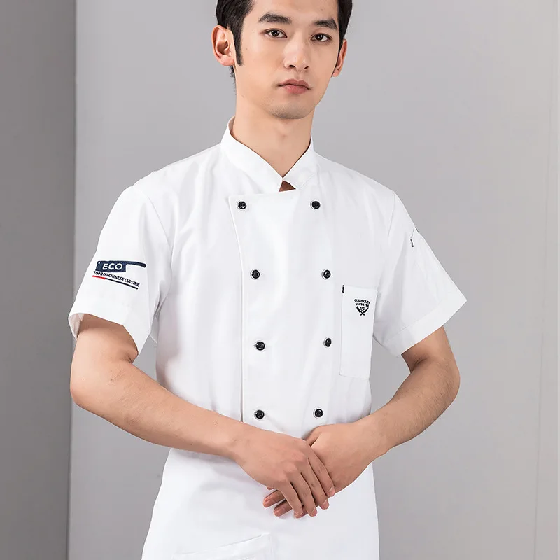 Men's summer pure cotton white chef short sleeves, thin breathable, kitchen staff large size tooling