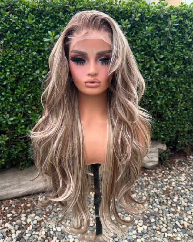 

26Inches Magicae 13X4 Lace Frontal Hair Wigs Ombre Highlight Dark Blond Brown Layered Straight High Quailty Synthetic Hair Wigs