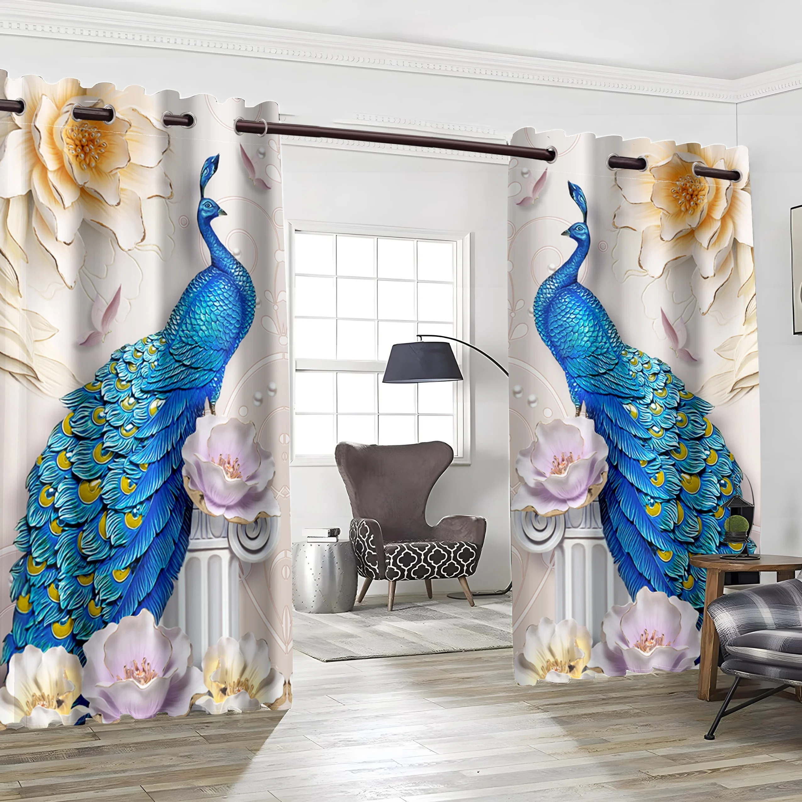 2pcs Peacock Style Printed Curtain For Home Decor Rod Pocket Window Treatment For Bedroom, Office, Kitchen, Living Room,