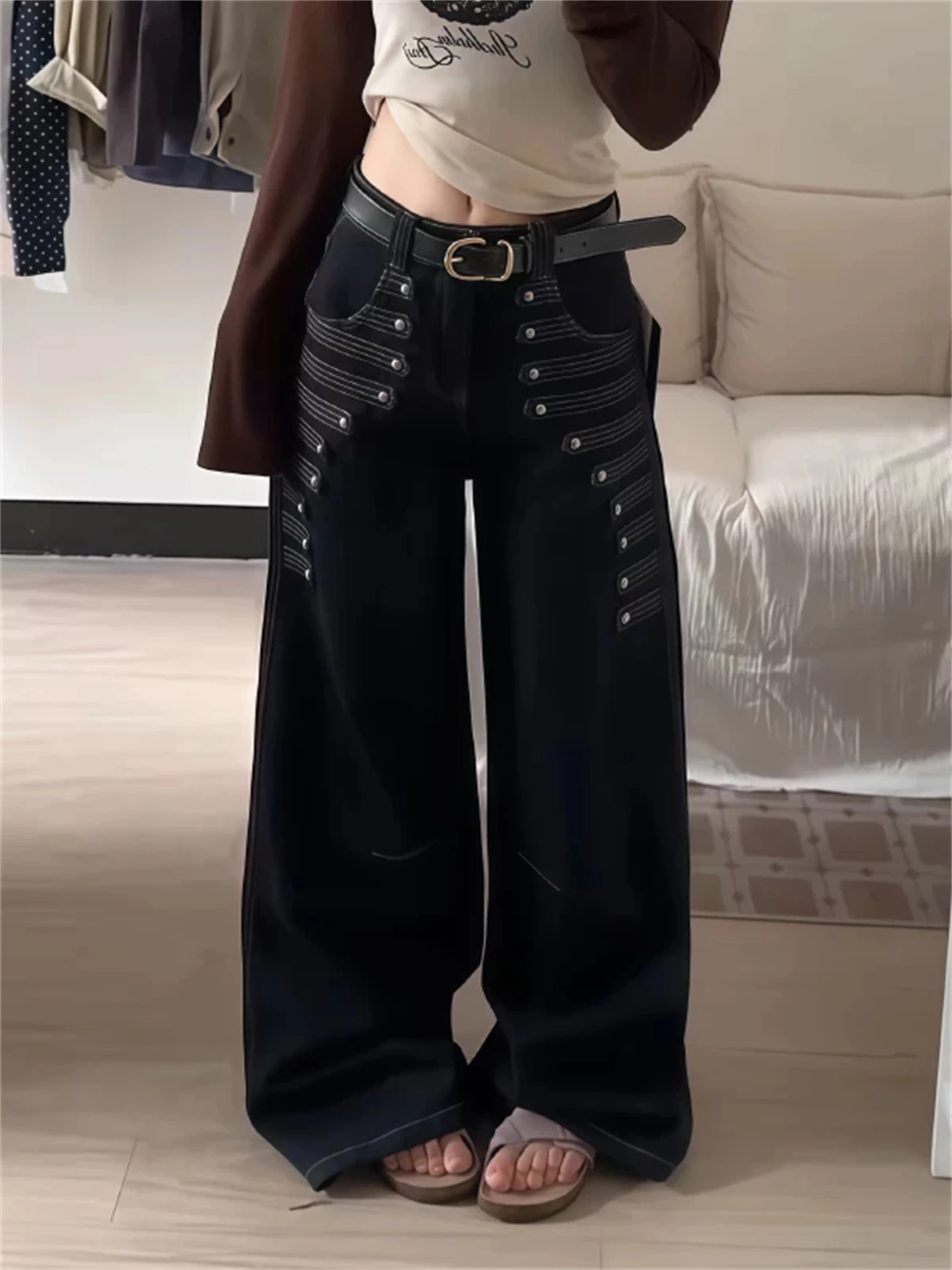 American Retro Court Style Black Denim Pants Men's Autumn Lazy Loose Double Button Wide Leg Long Trousers Casual Loose Fit