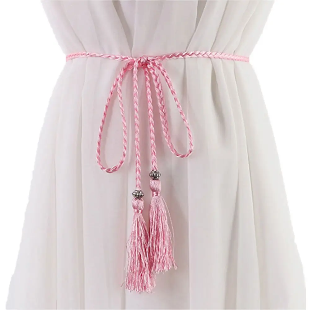 Women 160cm Bow Dress Woven Rope Tassle Waist Rope Waist Chain Braided Belts Tassles Belts