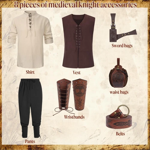 Imagen 2 del producto Oumbivil, 8 Uds., disfraces renacentistas para hombres, conjunto de pirata Medieval, disfraz de Halloween para adultos, camisa, chaleco vikingo, pantalones con accesorios
