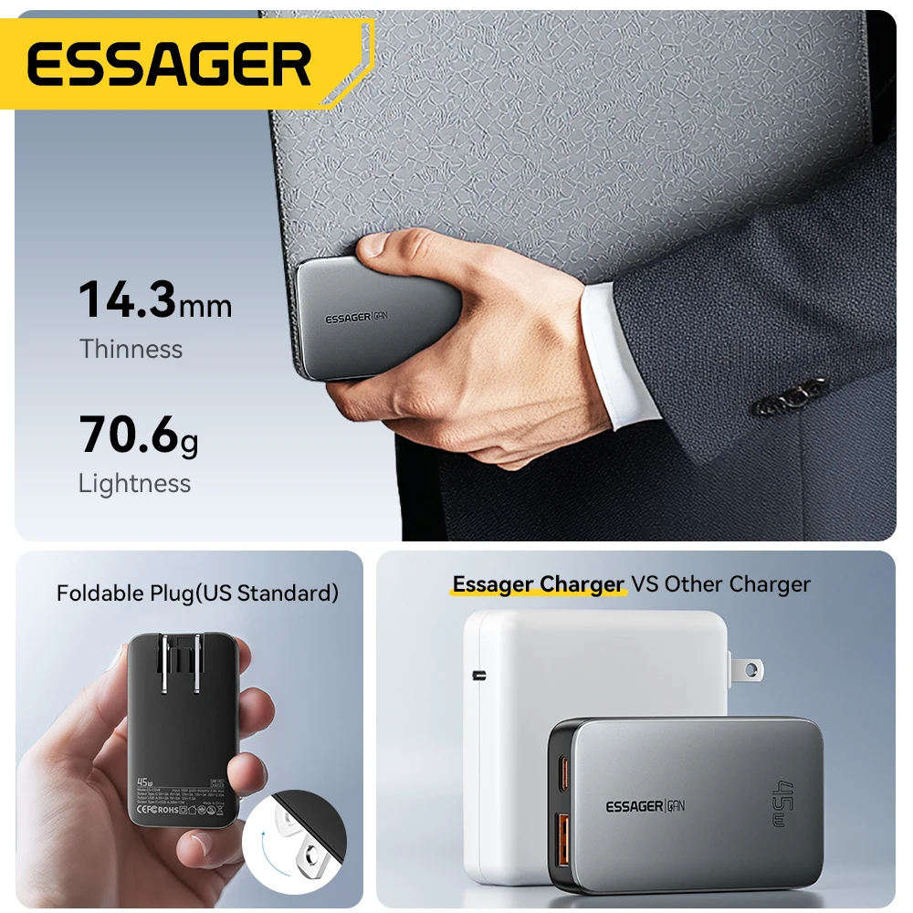 Essager 45W GaN Charger USB Type C PD3.0 Fast Charge For Tablet MacBook QC4.0 3.0 Phone Charger For iPhone16 15 14 Xiaomi Huawei