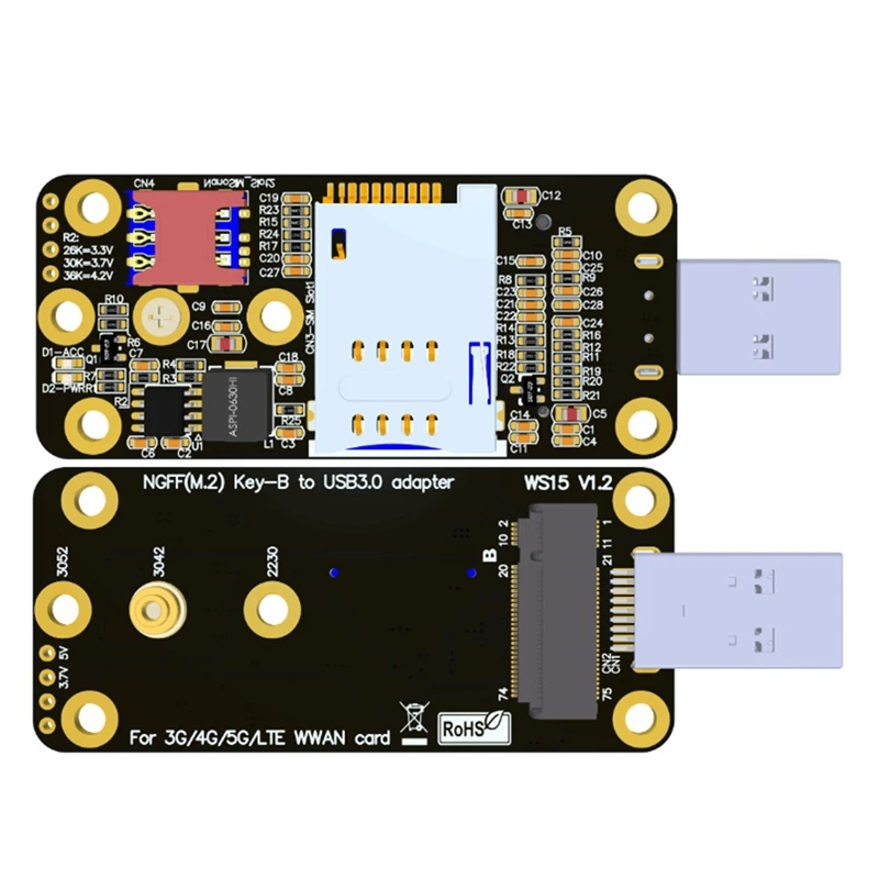 Cartão Adaptador com Dual SIM Card Slots, Suporte 4G, 5G, Módulo LTE, WWAN, M.2 NGFF, Chave B para USB 3.0, Teste