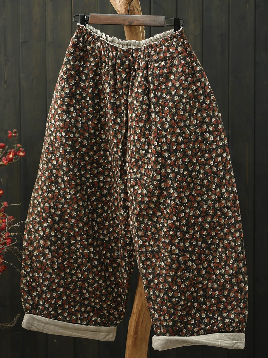 Thickened Cotton Lantern Pants Loose Fit Warmth Casual Trousers Printed Artistic Design Winter New Style plus Size