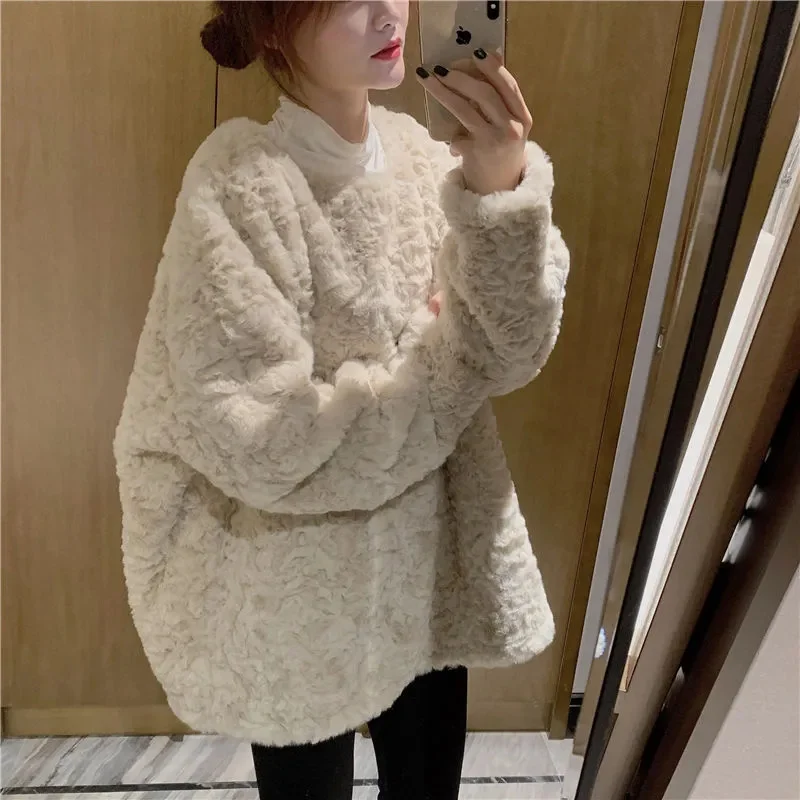 2023 Fashion Solid Color Sweet Cute Plush Pullover Sweater Korean Version Lamb Thickened Lmitation Rabbit Hair Casual Warm Women