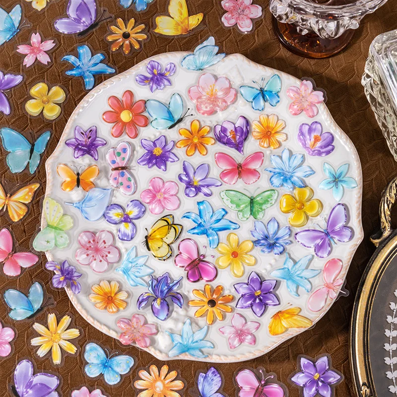 50pcs/set New Stickers Glaze Texture Butterfly Flowers Sticker Diy Handmade Scrapbook Aesthetic Stationery Gifts