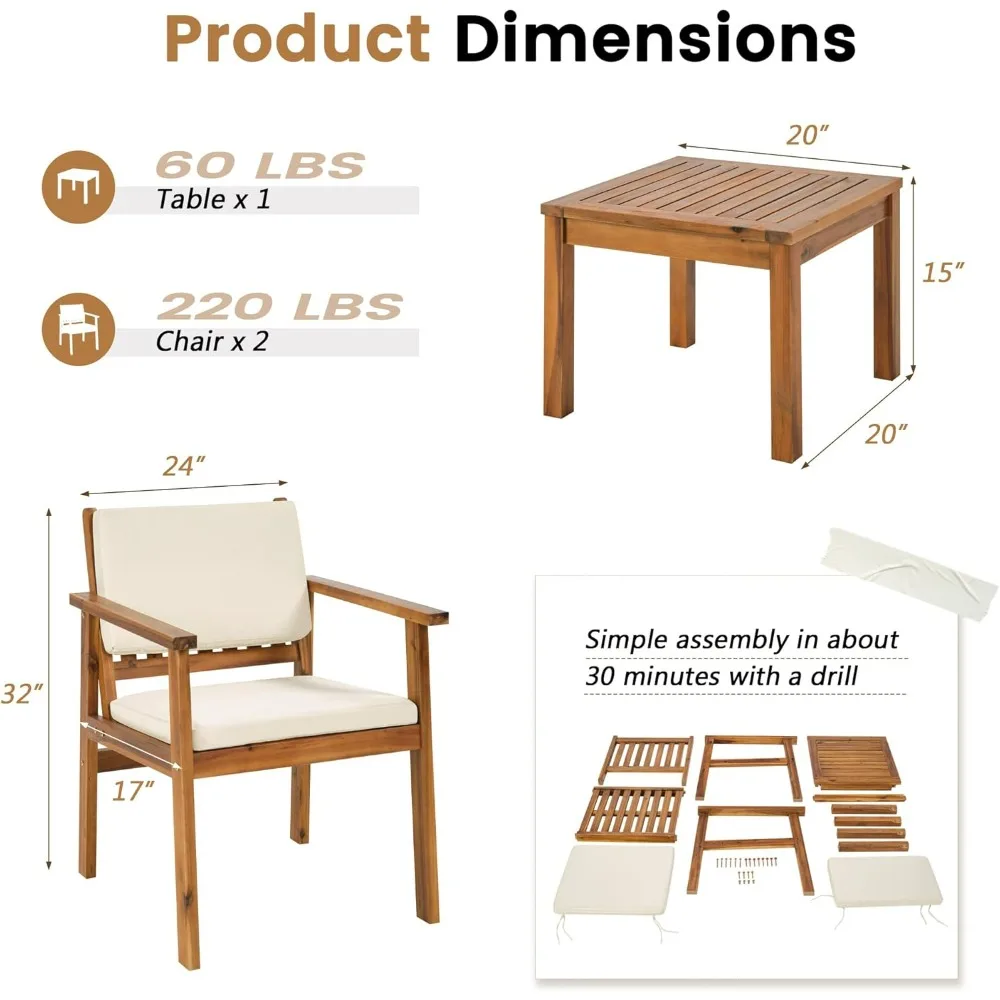 Flamaker Patio Chairs 3 Piece Acacia Wood Patio Furniture with Coffee Table & Cushions Outdoor Conversation Set Balcony Chairs image 5