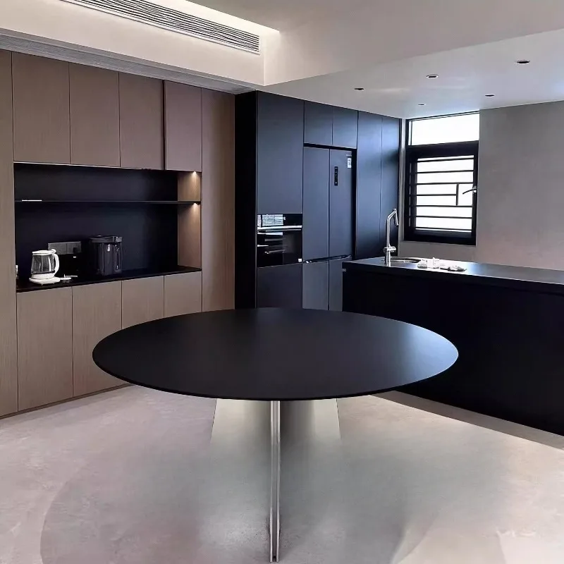 

stainless steel rock slab dining table modern simple light luxury round dining table high-end retro dining table