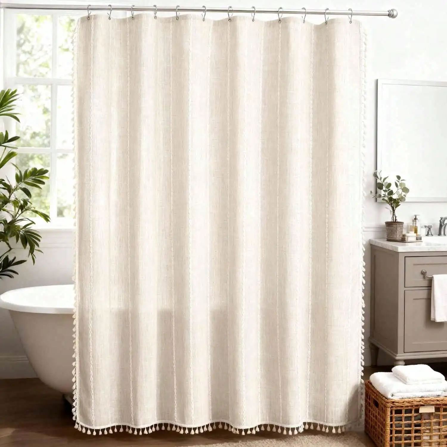 

Boho Farmhouse Tassel Shower Curtain, Rustic Beige Cream Aesthetic Bathroom Decor, Heavy Duty Water Repellent Fabric, 72x72 Inch, Complete Set With Hooks
