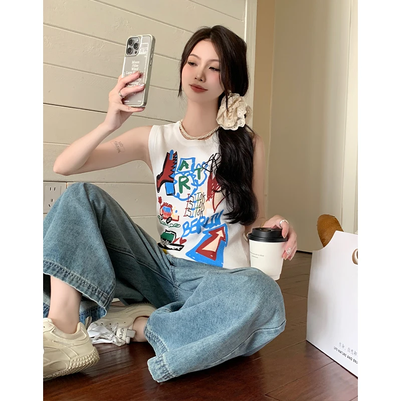 

American Graffiti Print Sleeveless Vest Shirt For Women Summer New High End O-Neck Slim Fit Sweet Spicy Top