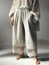 Women's Casual Pants Fashionable Lace Patchwork Solid Color Drawstring Pocket Wide-Leg Pants Loose High Waist Women's Trousers