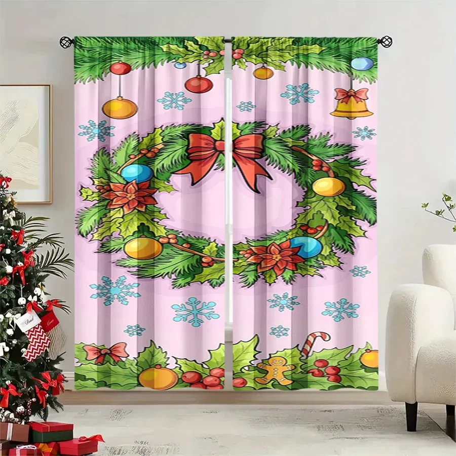 Festive Christmas Window Curtains Holiday Garland Curtain Panels for Living Room Seasonal Decor