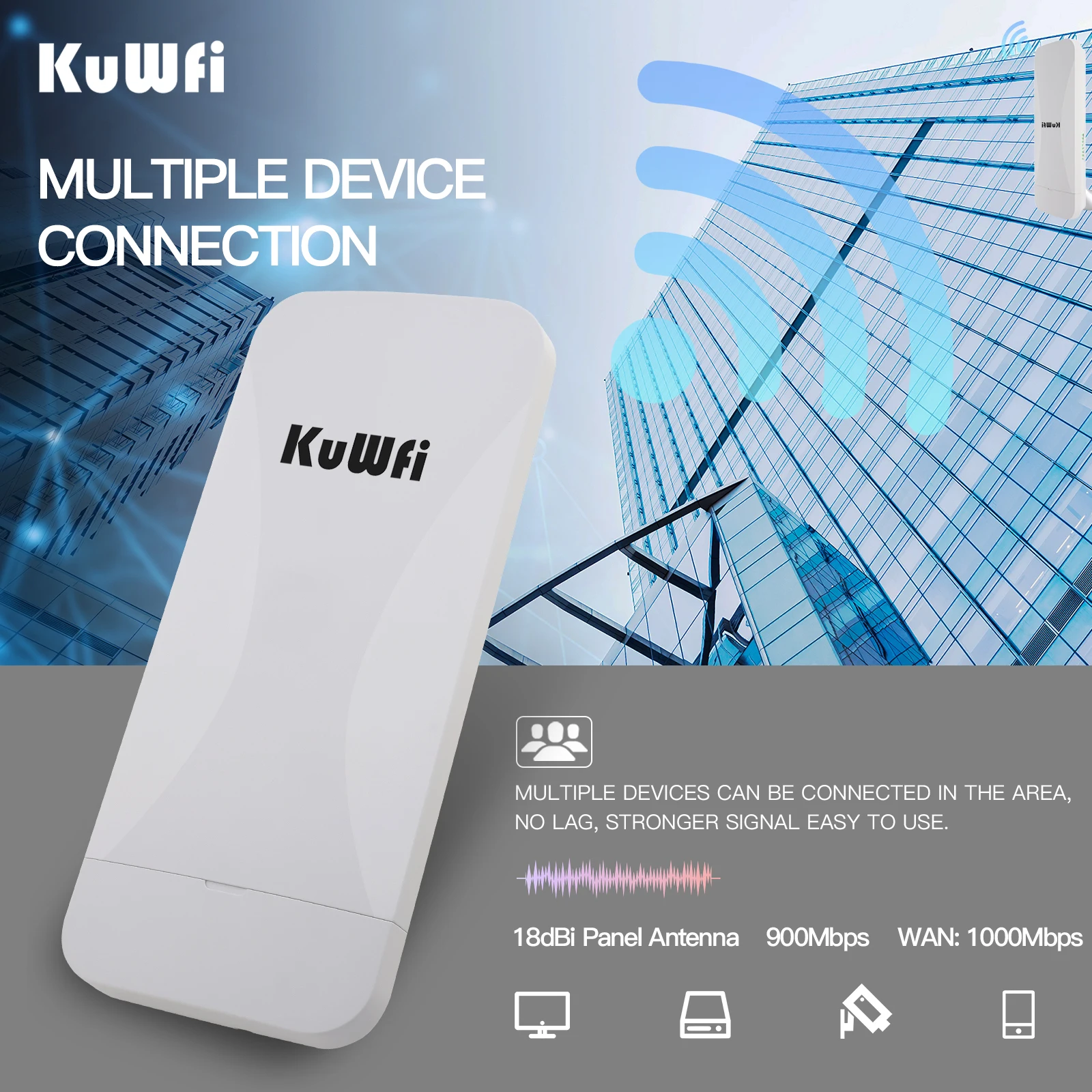 Imagem -02 - Kuwfi-ponte sem Fio de Longo Alcance ao ar Livre Intempéries 8km para Suporte a Câmera Gerenciamento de Nuvem Wifi Cpe 900mbps 18dbi Ip65 5.8ghz