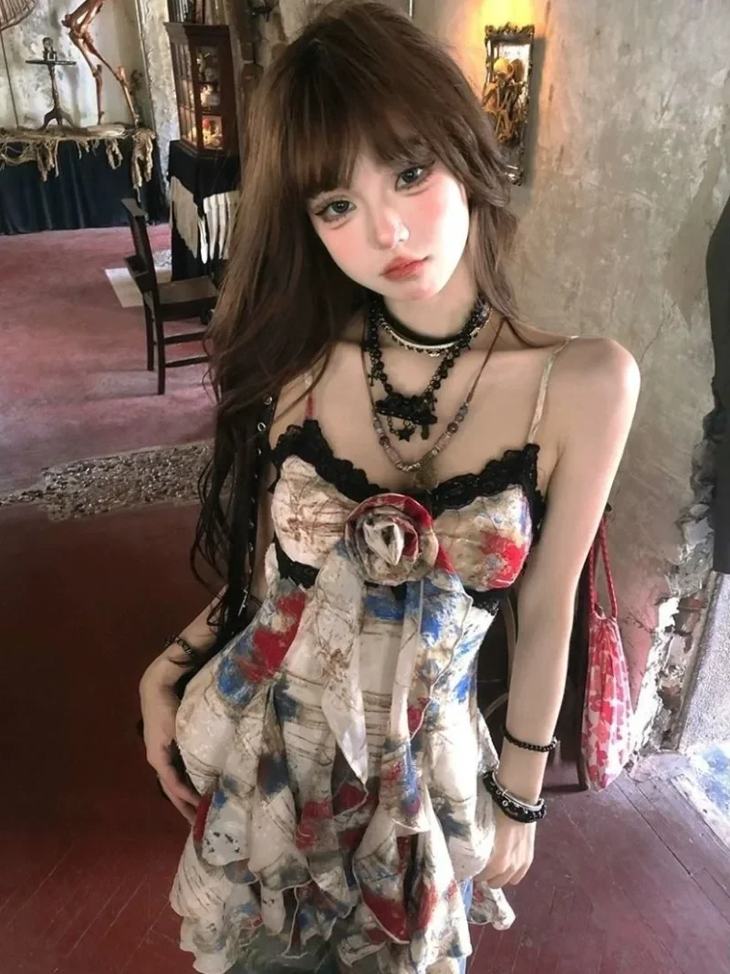 New American Style Sexy Gyaru Halter Top Women Design Sweet Print Slim Camisole Summer High Street Coquette Asymmetrical Tees