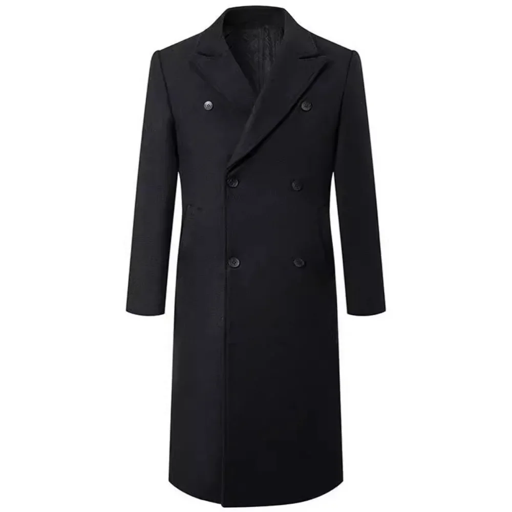 Autumn and winter thickened cotton clip extra long knee length woolen coat, men's double breasted slim fit trench coat