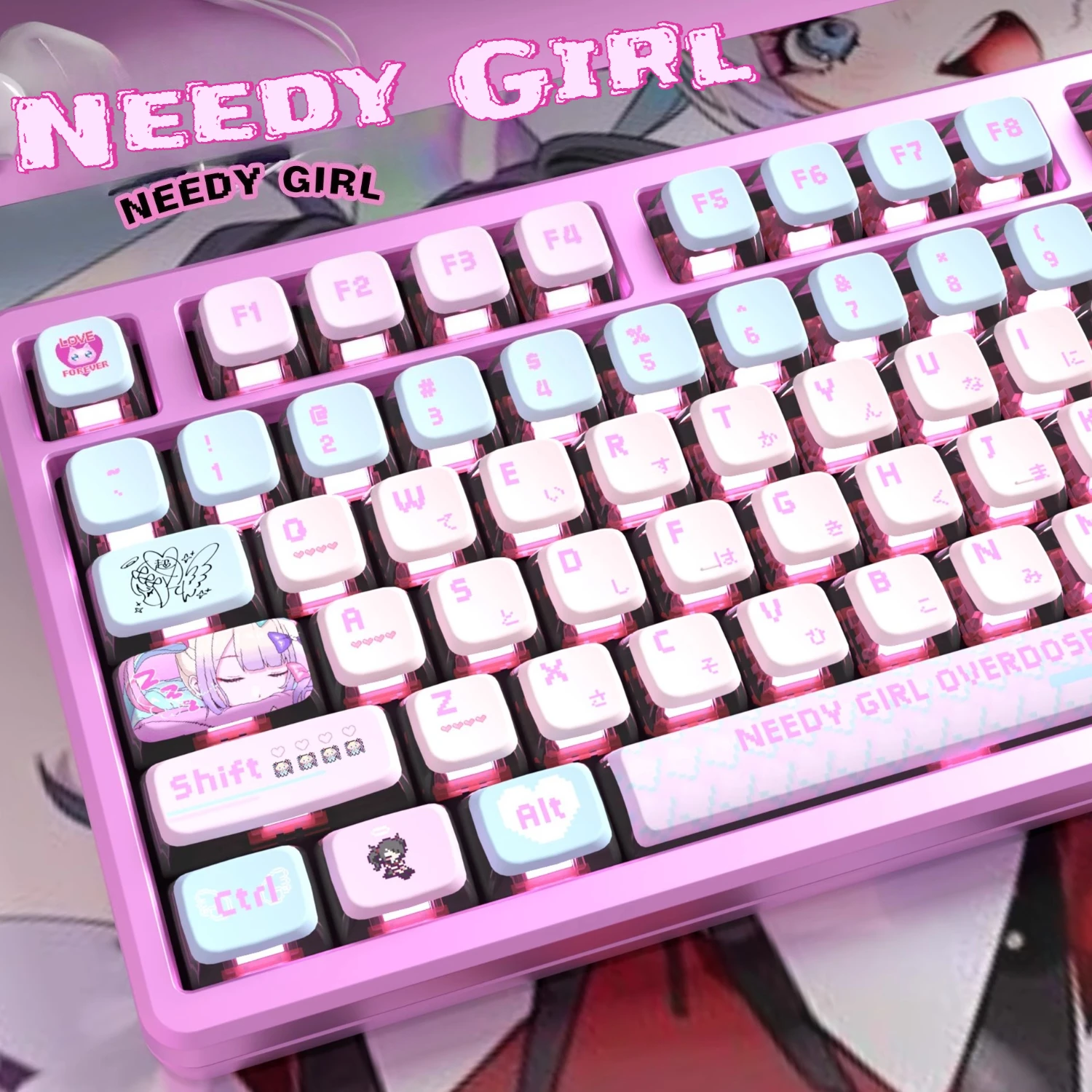 MAIMOOO Anime Game Keycap Needy Girl Overdose Four-sided Translucent Key Cap OEM Profile PBT+PC Blue Pink Cute Keyboard Keycaps