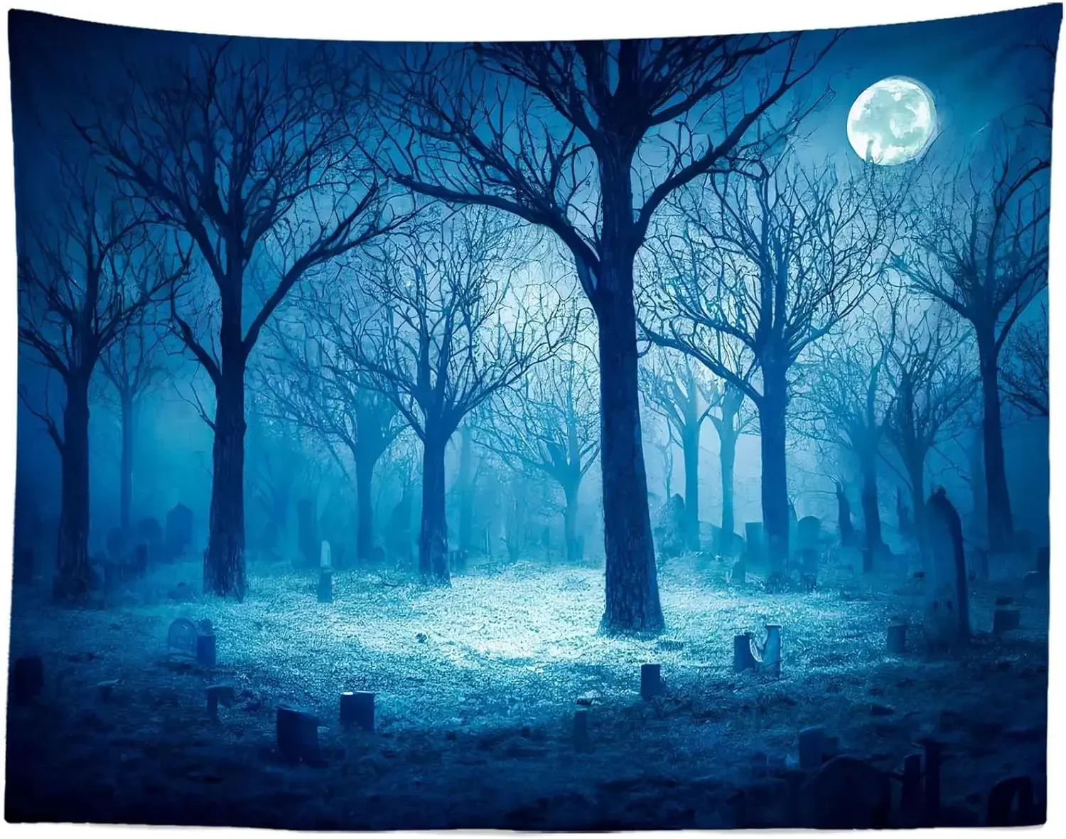 HD-Spooky Graveyard Wall Hanging – Haunted Forest & Cemetery Tapestry for Halloween Ghost Theme Decor