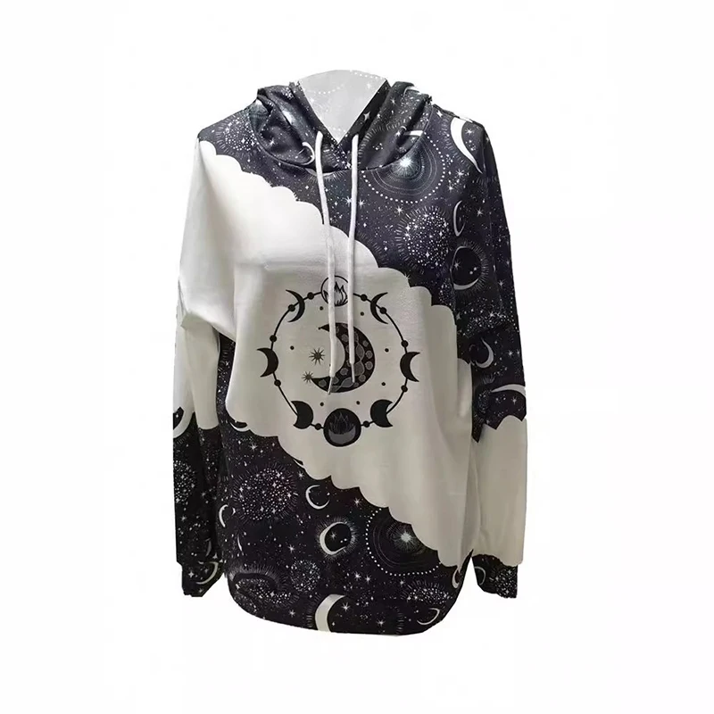 

Women Black Goth Long Sleeve Hooded Sweatshirt Vintage Korean Harajuku Y2k Aesthetic Ethnic Style Pullover Top Oversize Clothes