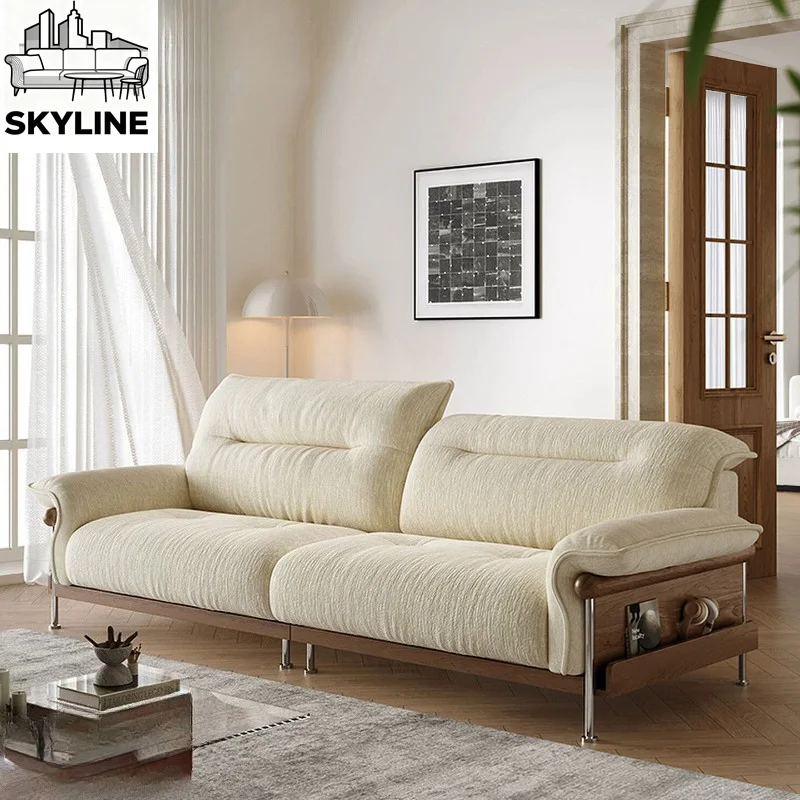 Log Style Chenille Straight Sofa Ergonomic High Backrest Detachable Adjustable Headrest Furnishings For Family Living Space