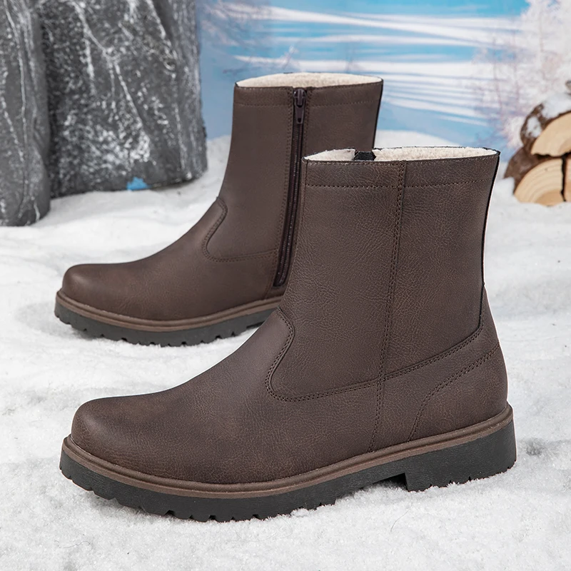 Men Winter Fleece Lined Ankle Boots Faux Leather Side Zipper Warm Snow Boots Casual Formal Shoes EU41‑46
