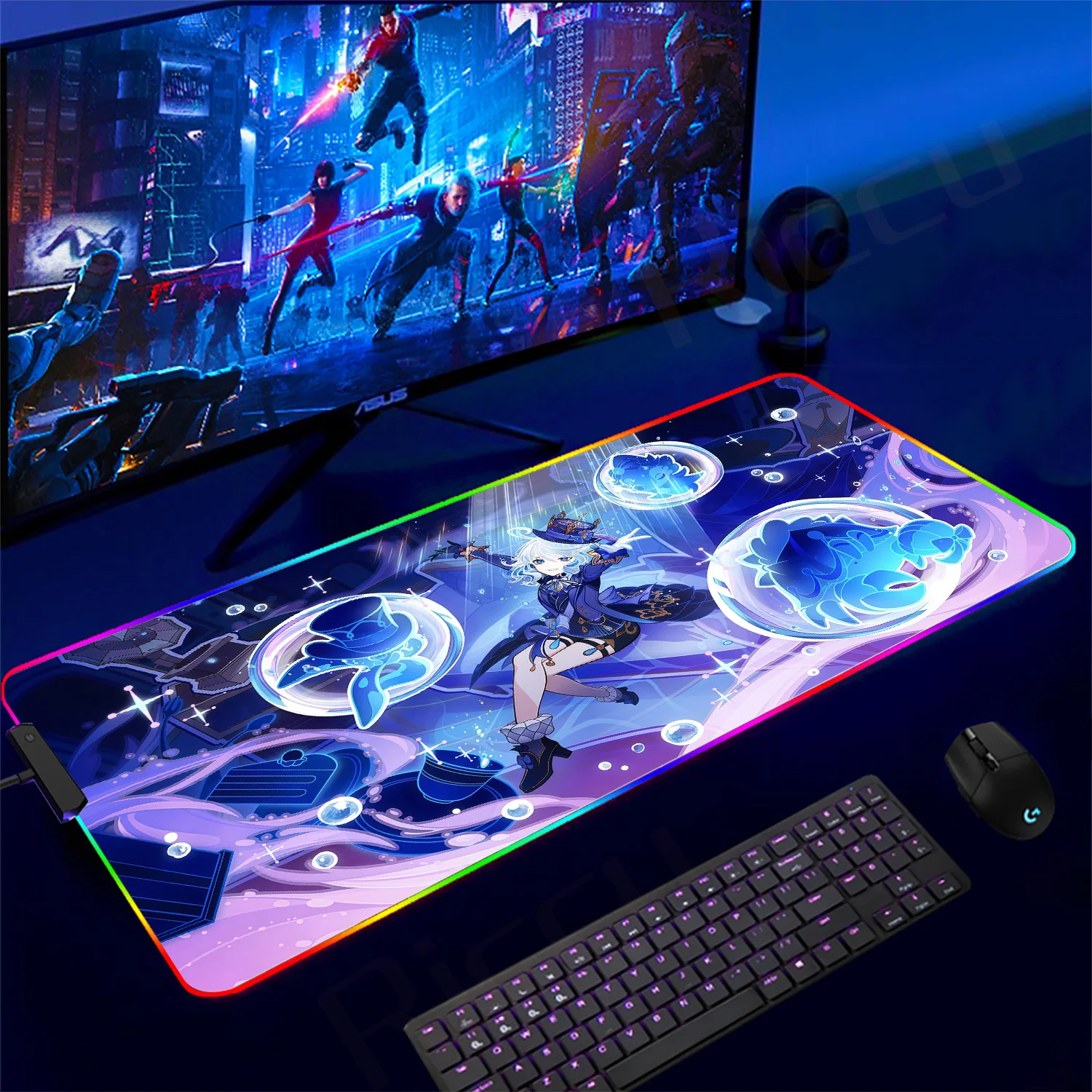 RGB Anime Genshin Impact Mouse Pad, grandes tapetes de jogos, Furina Mousepad, teclado XXL, E-Sports, tapetes de mesa grande do computador