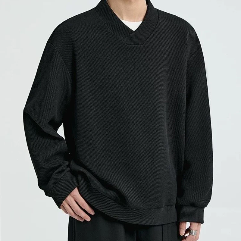 Fall Waffle Men Long Sleeves V Neck T Shirts Fashion Casual All-match Harajuku Simple 2xl Oversized Pullover Black Apricot Olive