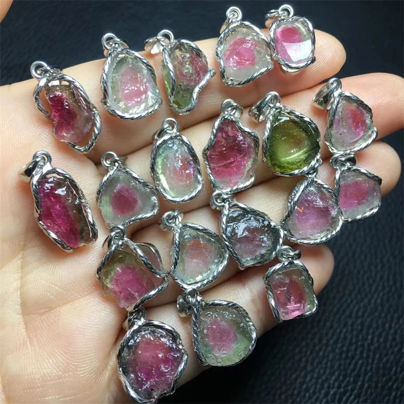 S925 Natural Raw Watermelon Tourmaline Pendant Handmade Women Healing Crystal  Women Man  Jewelry Christmas Gift 1PCS